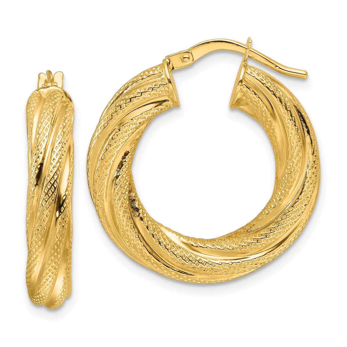 14k Yellow Gold Twisted Hoop Earrings, Diamond Cut Textured Medium Hoops for Women
