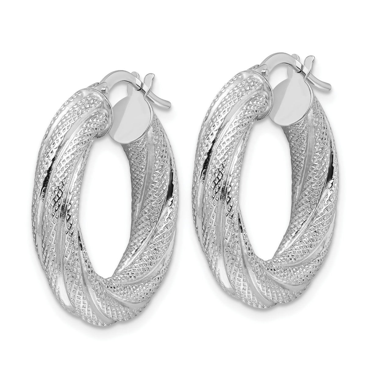 14k White Gold Twisted Hoop Earrings, Diamond Cut Finish, Braided Design, Lightweight Jewelry
