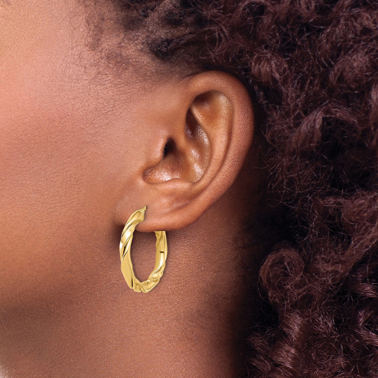 14k Yellow Gold Twisted Hoop Earrings, Medium Spiral Polished Hoops, Lightweight Classic Design