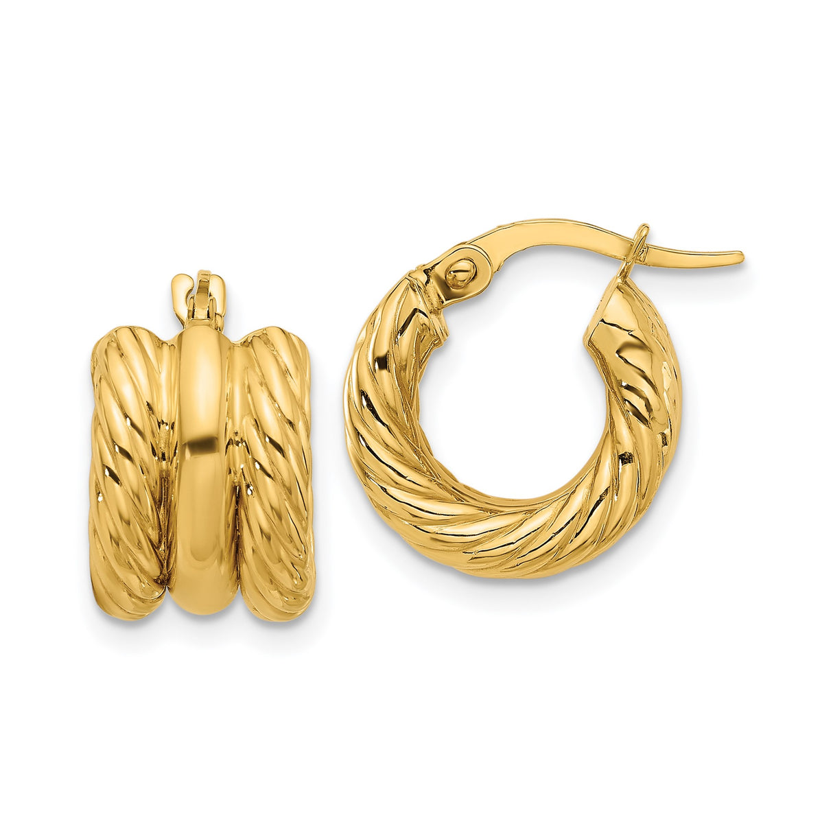 14k Yellow Gold Twisted Hoop Earrings with Polished and Textured Rope Design for Women