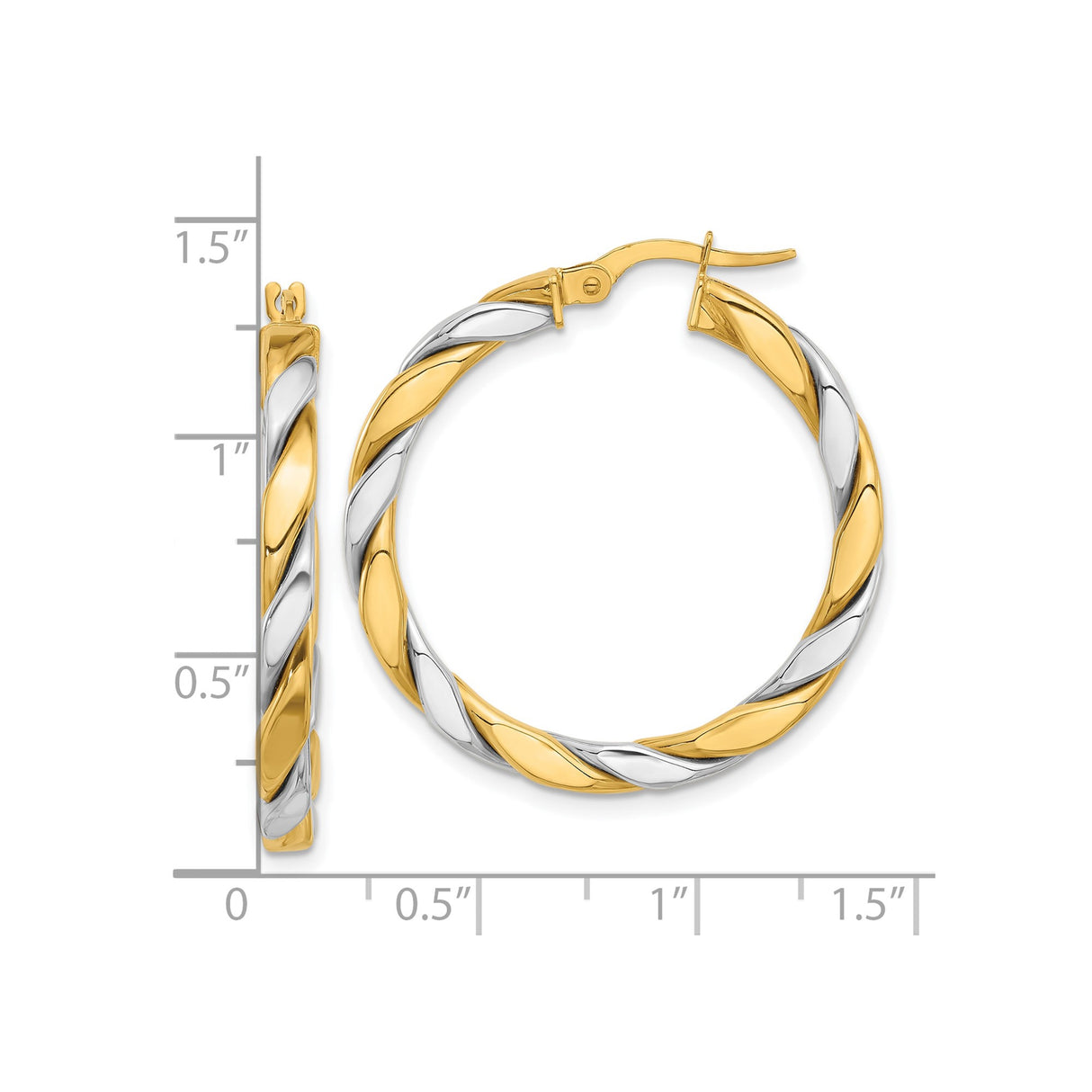 14k Yellow Gold Twisted Hoop Earrings, Two-Tone Swirl Design, Polished Lightweight Style for Women