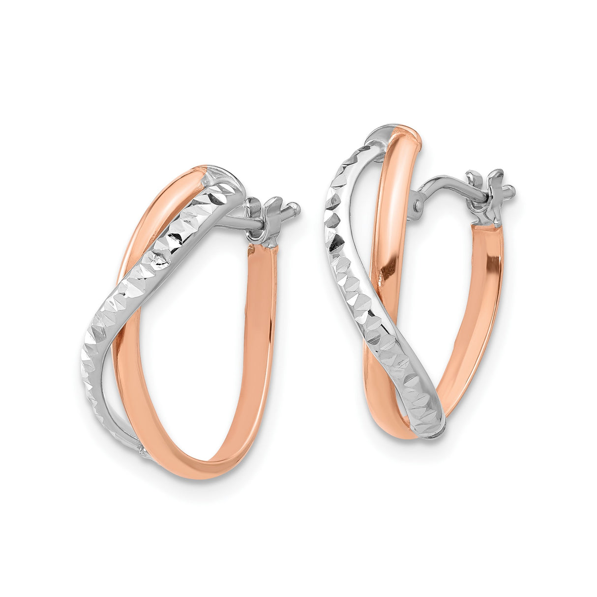 14k Two-Tone Gold Twisted Hoop Earrings with Rose and White Crossover Design