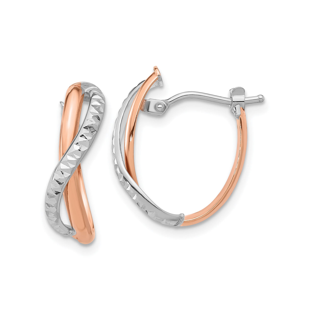 14k Two-Tone Gold Twisted Hoop Earrings with Rose and White Crossover Design