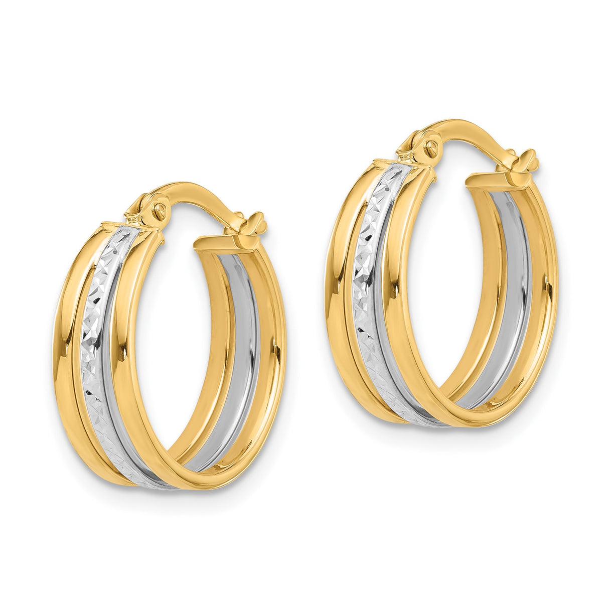 14k Two-Tone Gold Hoop Earrings with Textured White Stripe and Polished Yellow Edges