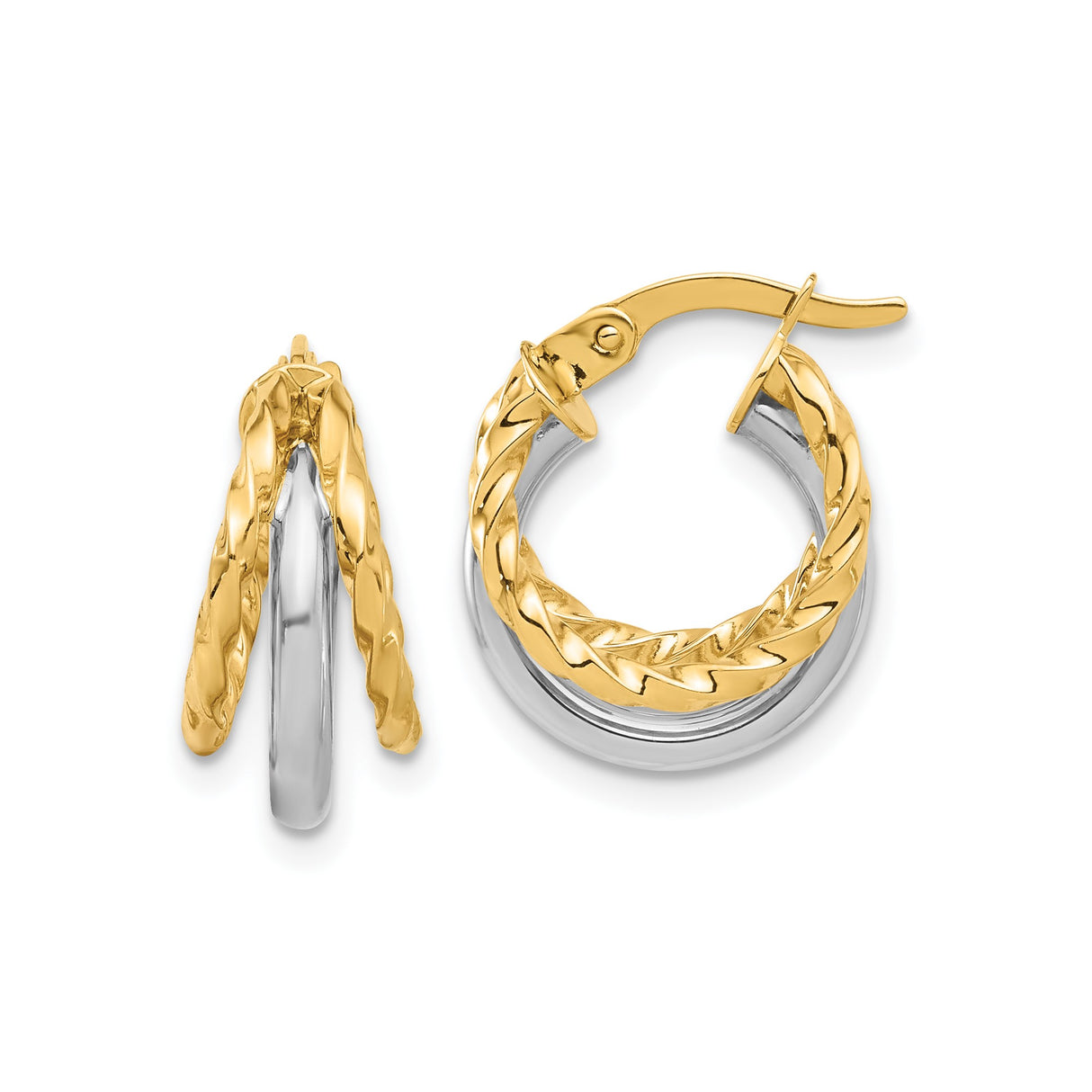 14k Two Tone Gold Hoop Earrings with Twisted Yellow Rope Design Over White Gold Base