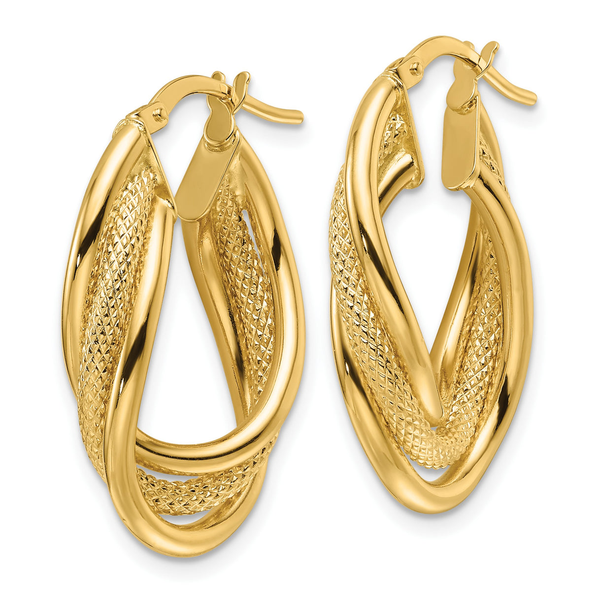 14k Yellow Gold Twisted Hoop Earrings with Textured and Polished Finish, Oval Mid-Size Style