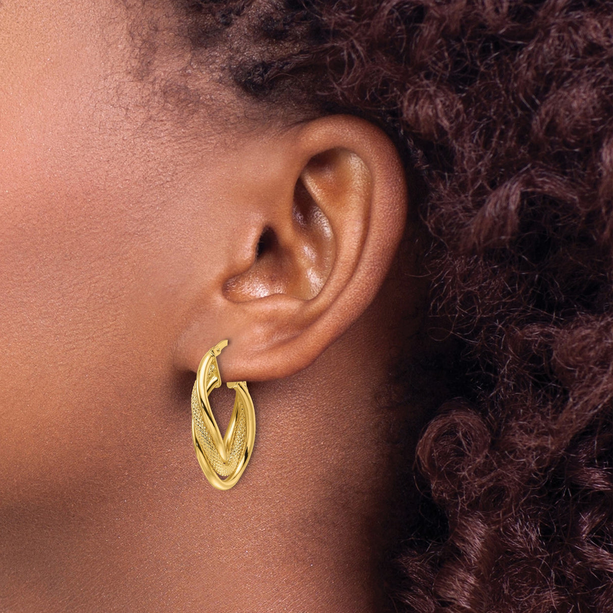 14k Yellow Gold Twisted Hoop Earrings with Textured and Polished Finish, Oval Mid-Size Style