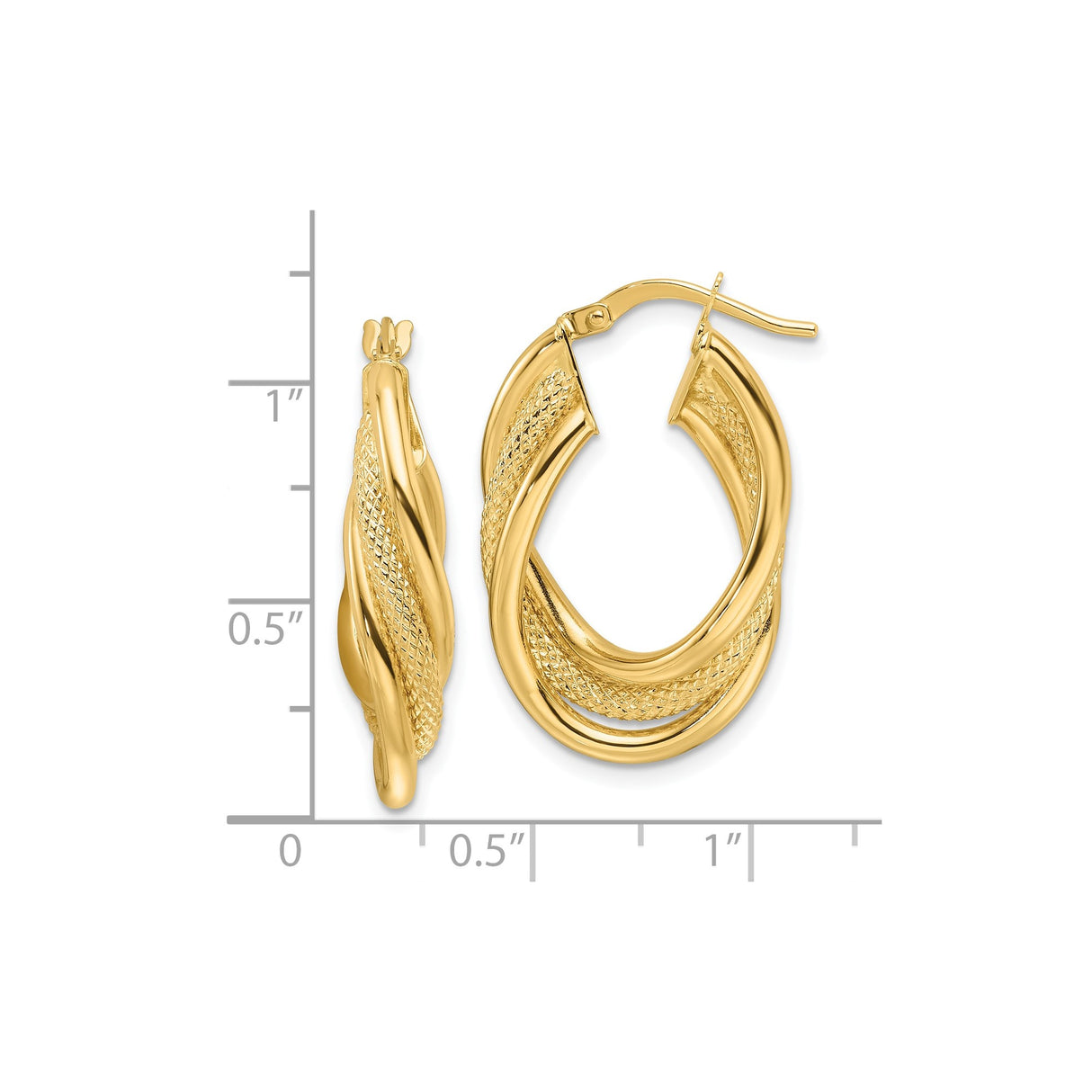 14k Yellow Gold Twisted Hoop Earrings with Textured and Polished Finish, Oval Mid-Size Style