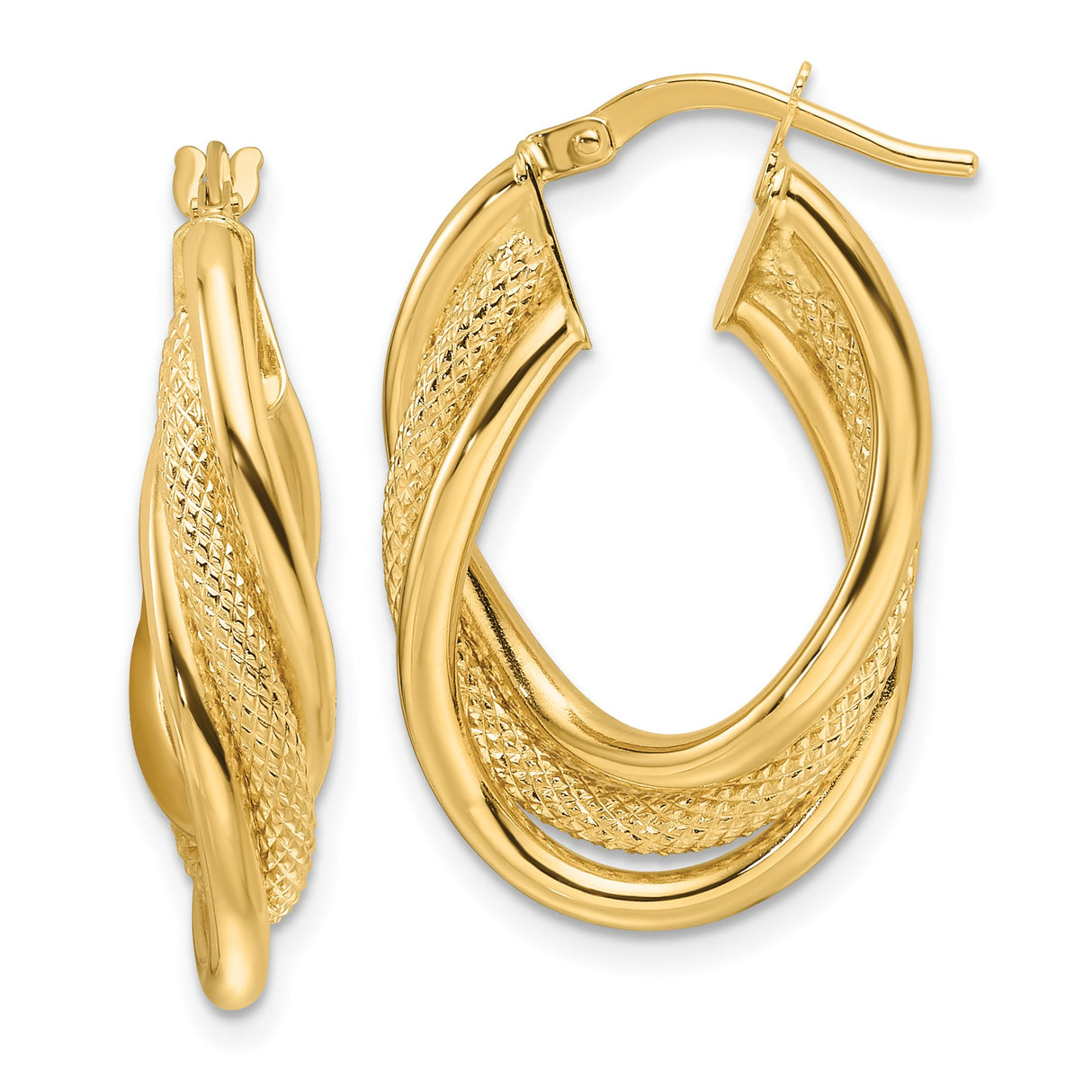 14k Yellow Gold Twisted Hoop Earrings with Textured and Polished Finish, Oval Mid-Size Style