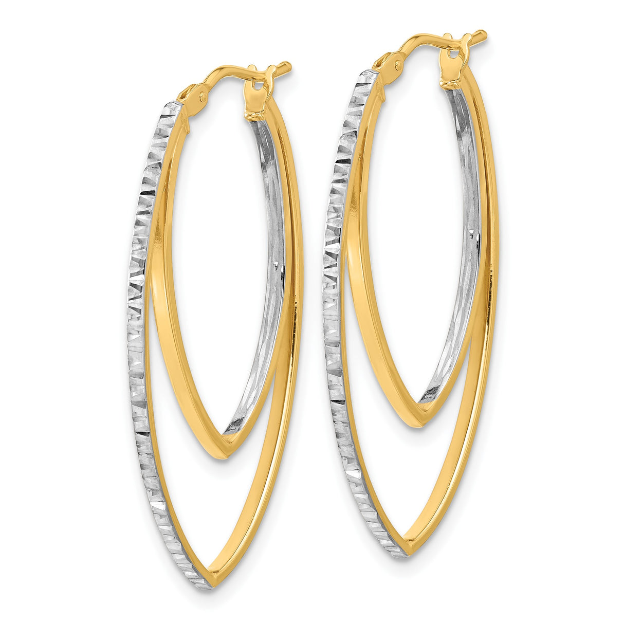 14k Yellow Gold Hoop Earrings, Two Tone Marquise Shape with Textured White Gold Design