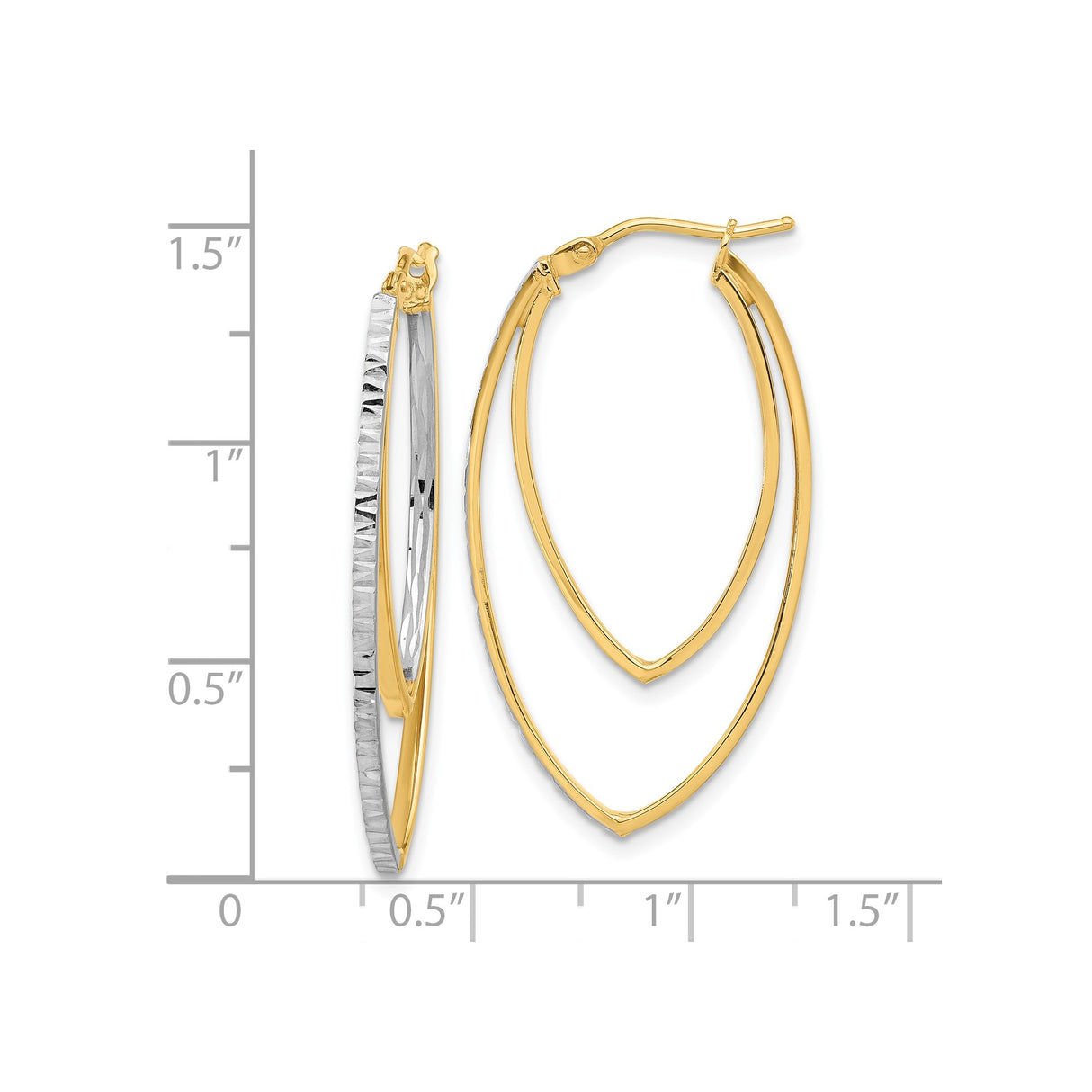 14k Yellow Gold Hoop Earrings, Two Tone Marquise Shape with Textured White Gold Design