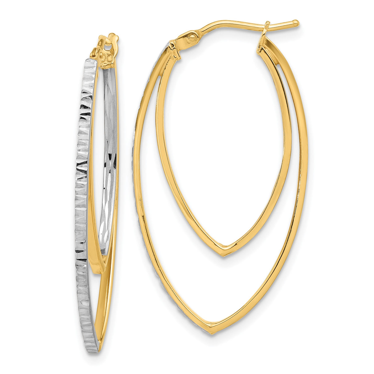 14k Yellow Gold Hoop Earrings, Two Tone Marquise Shape with Textured White Gold Design