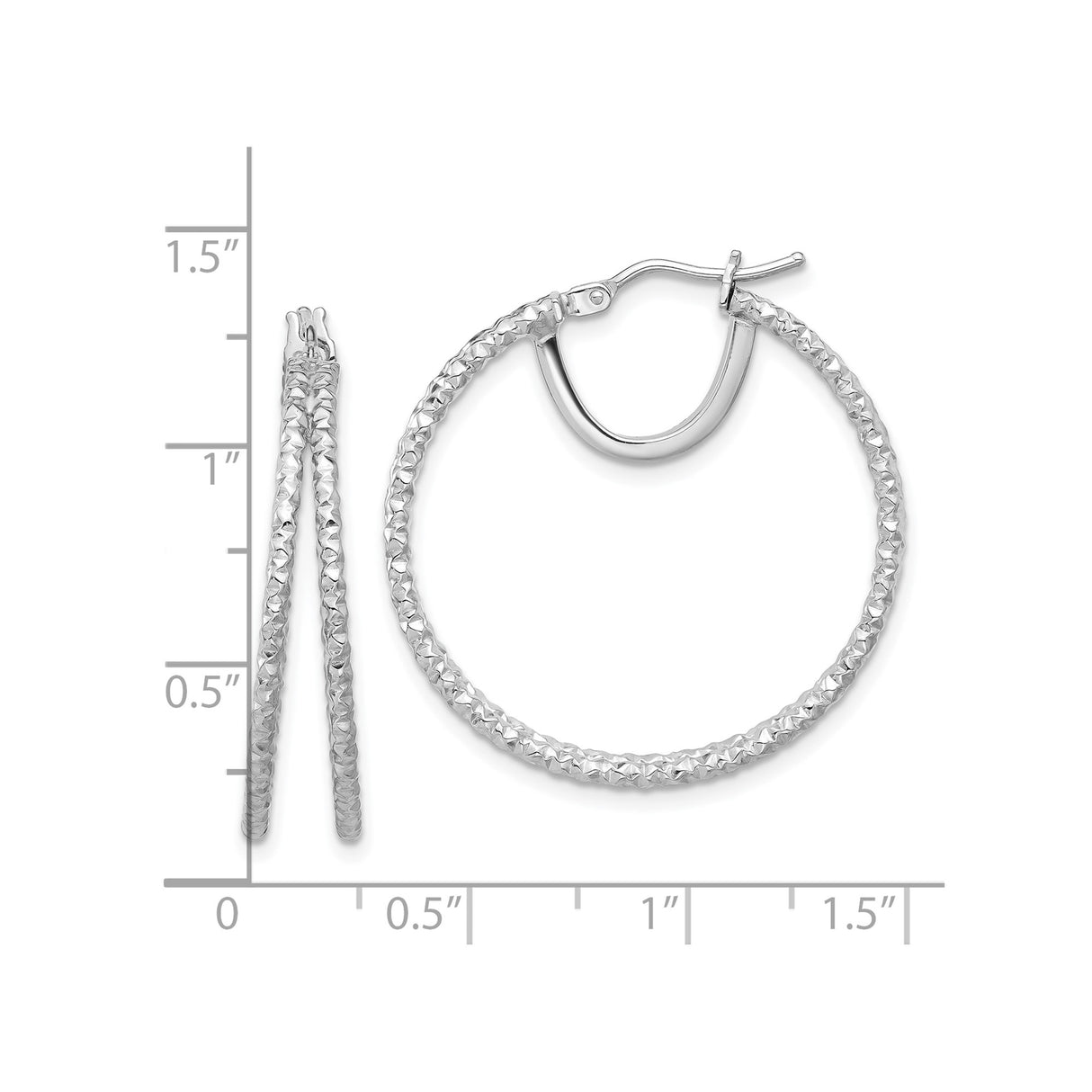 14k White Gold Hoop Earrings, Textured Diamond Cut Design, Lightweight Polished Finish