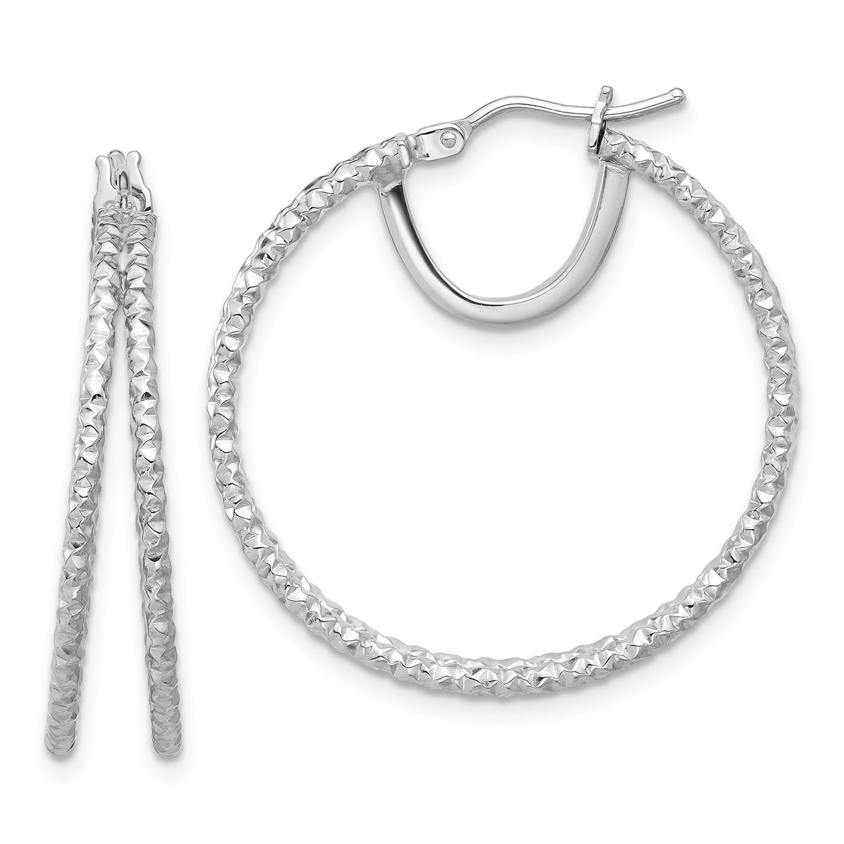 14k White Gold Hoop Earrings, Textured Diamond Cut Design, Lightweight Polished Finish