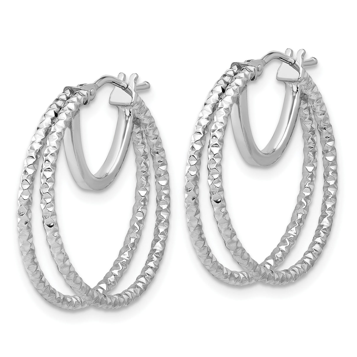 14k White Gold Hoop Earrings, Textured Twisted Diamond Cut Medium Size, Polished Finish