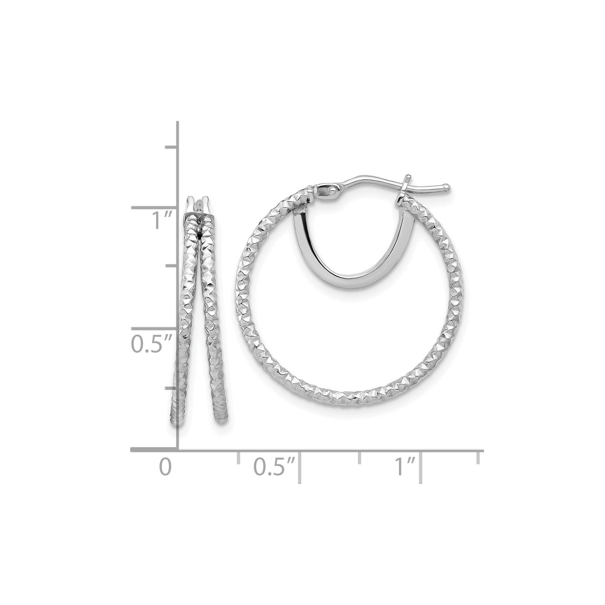 14k White Gold Hoop Earrings, Textured Twisted Diamond Cut Medium Size, Polished Finish