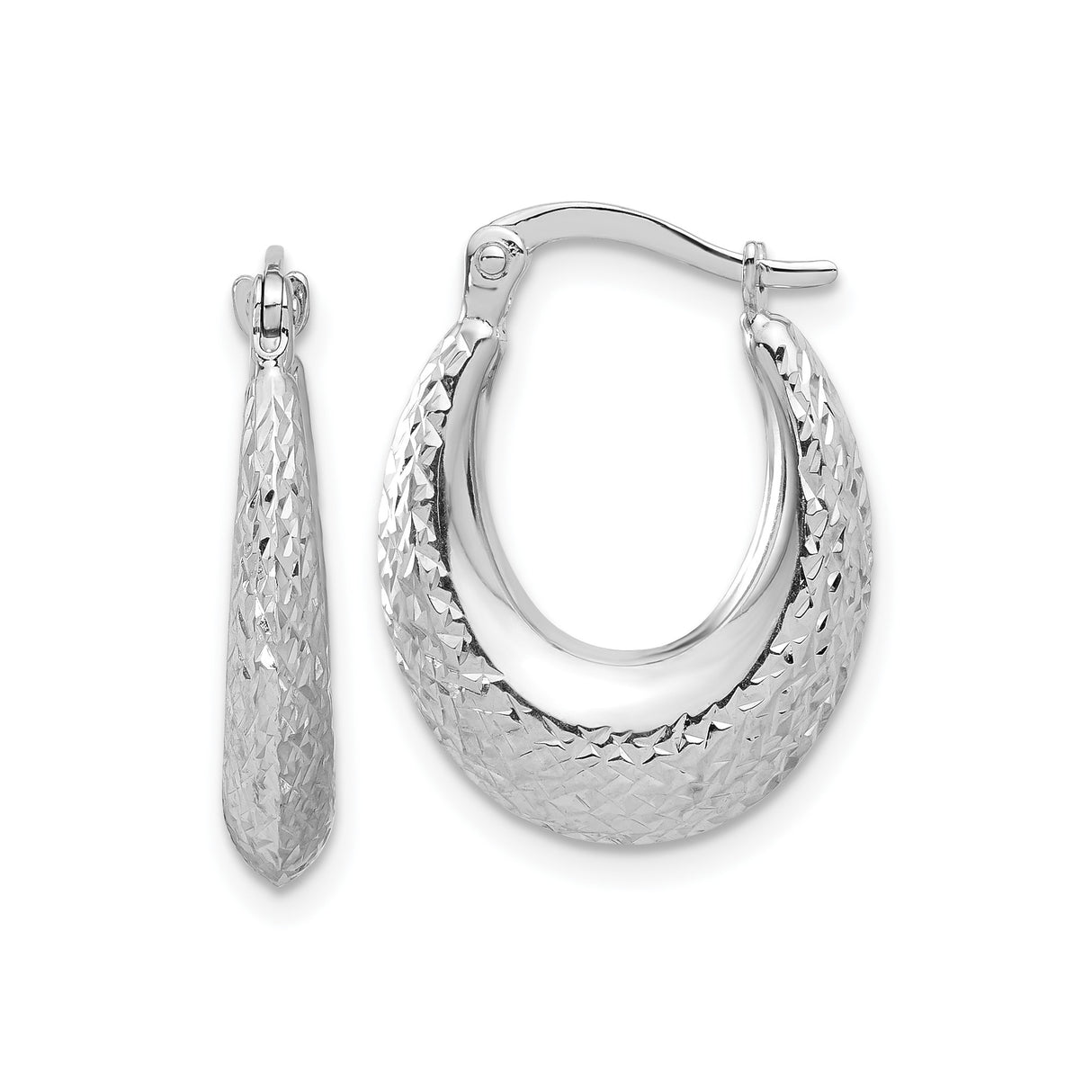 14k White Gold Teardrop Hoop Earrings, Textured Diamond Cut, Lightweight Modern Design