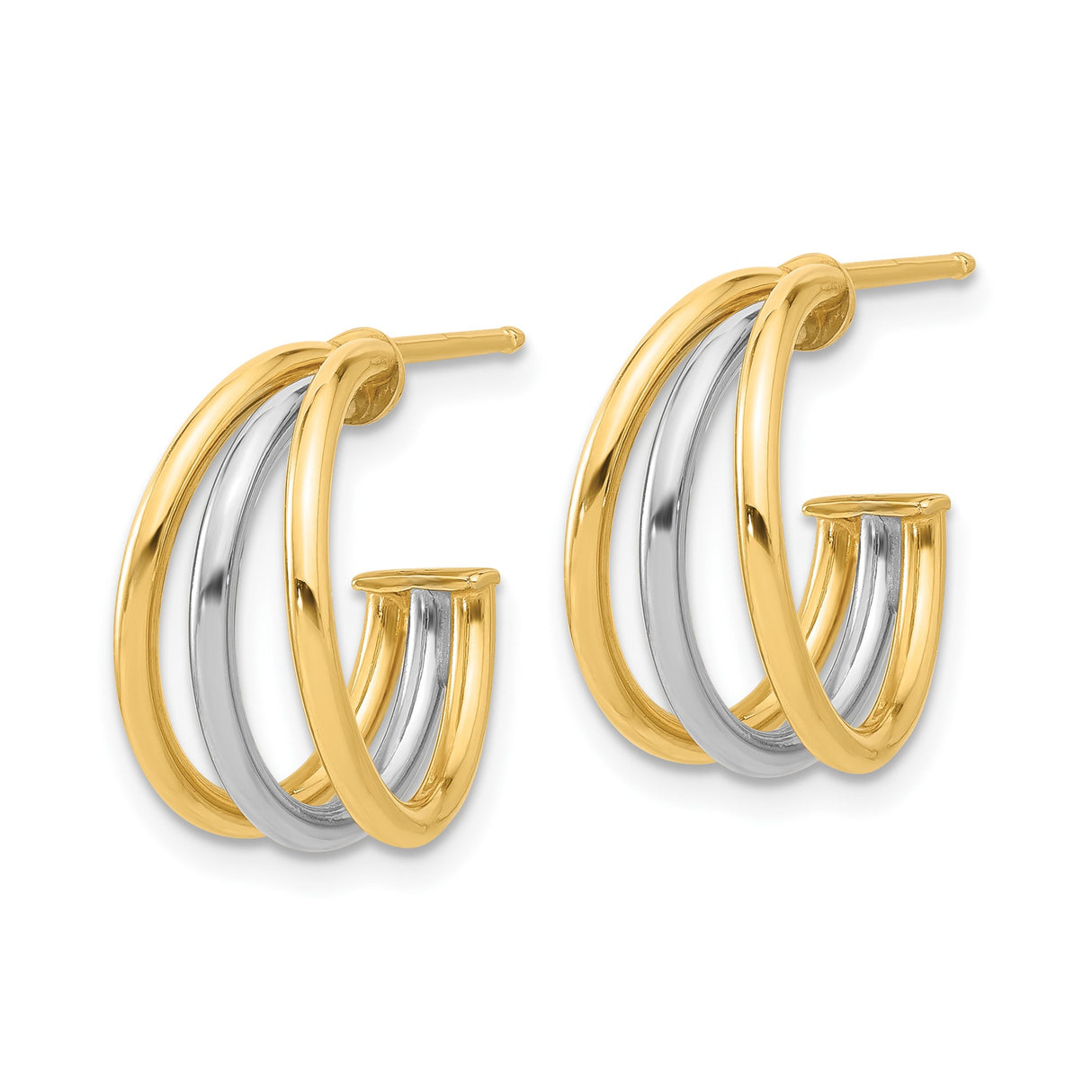14k Yellow Gold Hoop Earrings, Two-Tone Layered Triple Band Design, Modern Minimalist Style