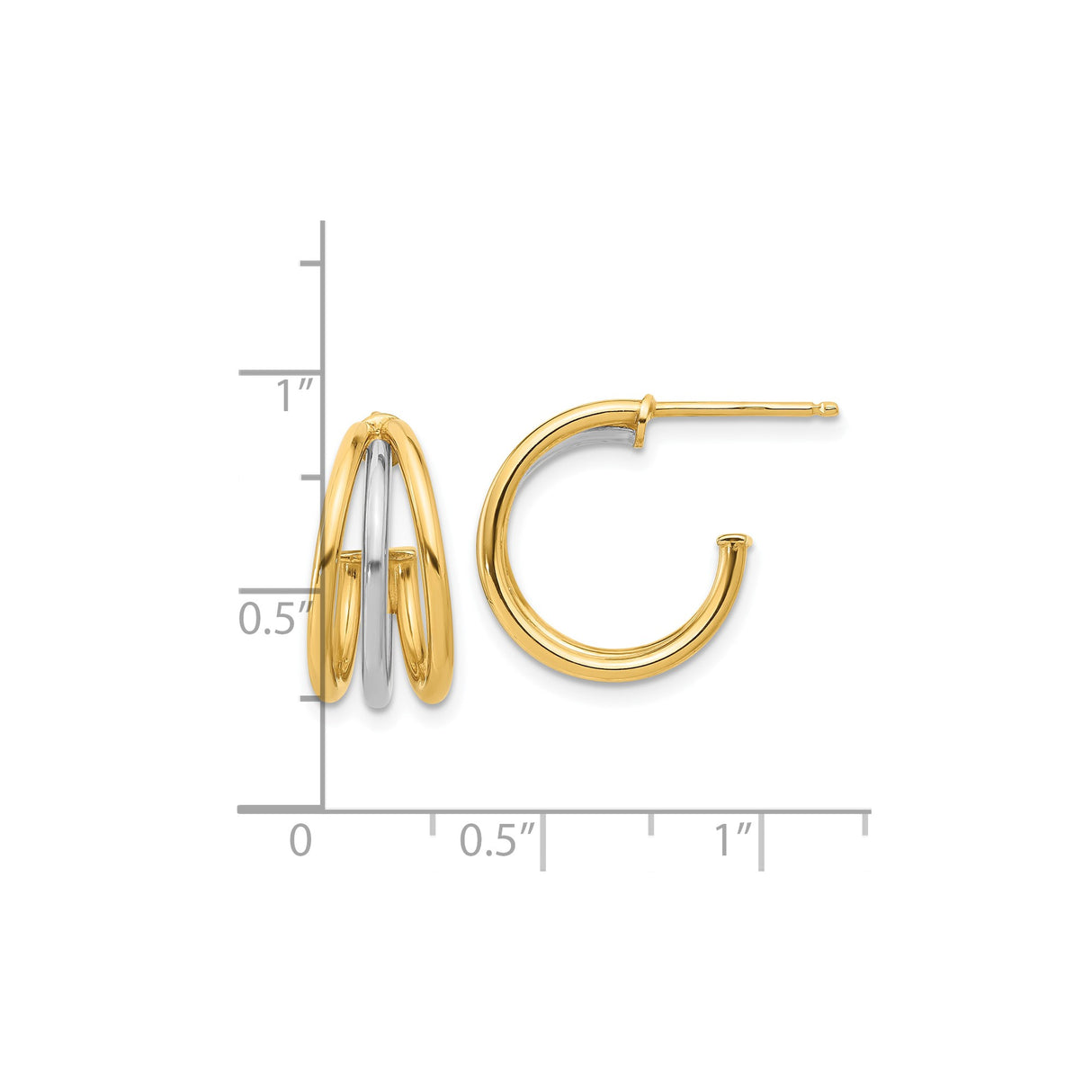 14k Yellow Gold Hoop Earrings, Two-Tone Layered Triple Band Design, Modern Minimalist Style