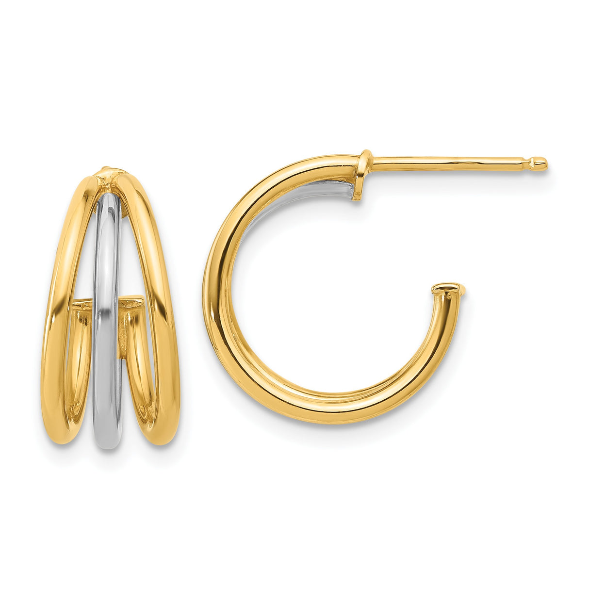 14k Yellow Gold Hoop Earrings, Two-Tone Layered Triple Band Design, Modern Minimalist Style