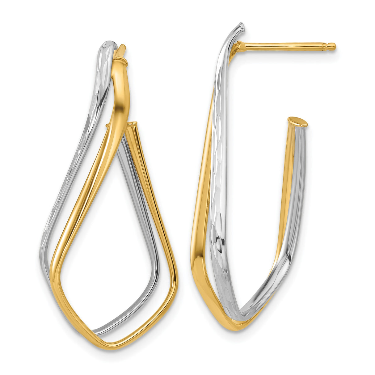 14k Two-Tone Gold Twisted Teardrop Hoop Earrings with Hammered Texture