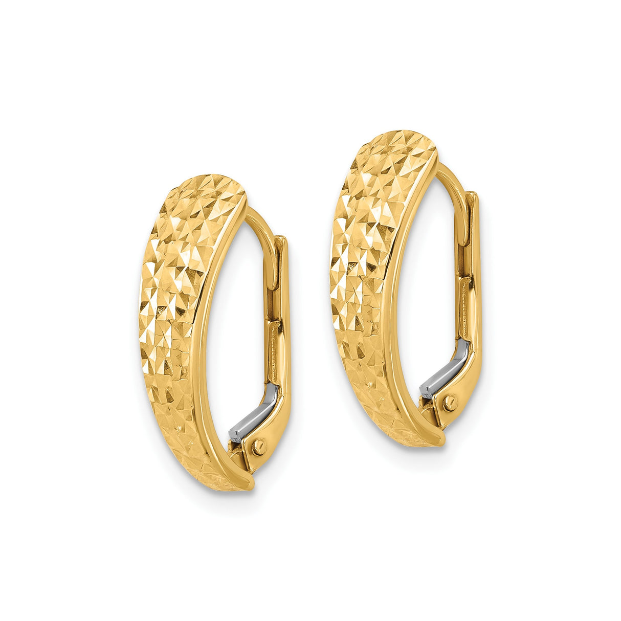 14k Yellow Gold Hoop Earrings, Textured Diamond Cut Leverback Design for Women