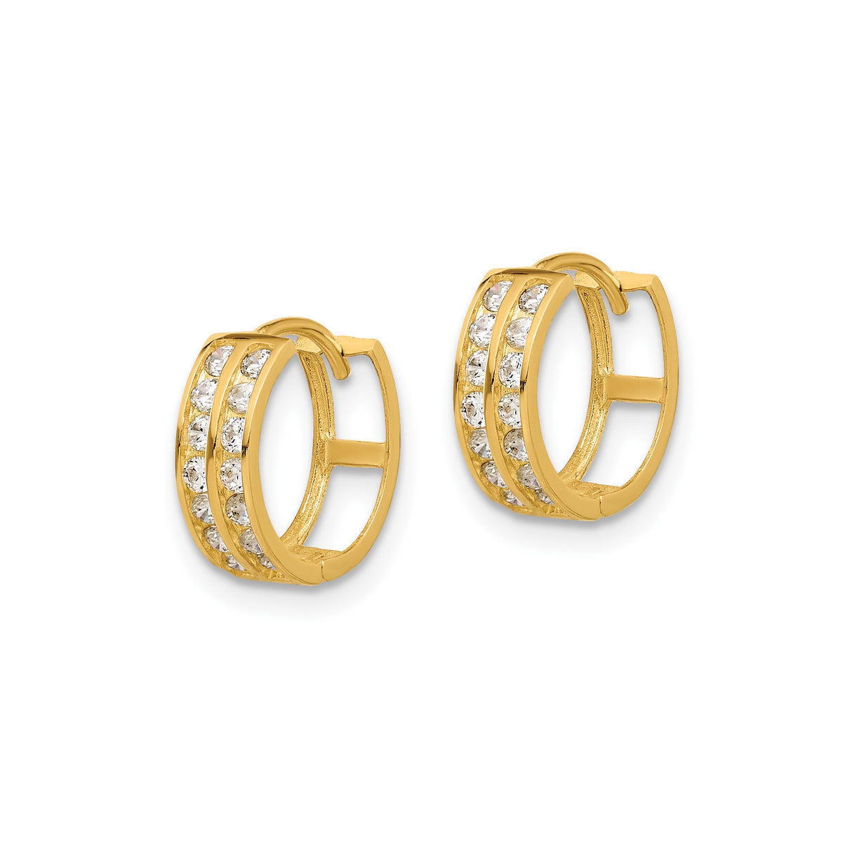14k Yellow Gold Hoop Earrings with Round Cut Cubic Zirconia, Hinged Clasp, Polished Finish