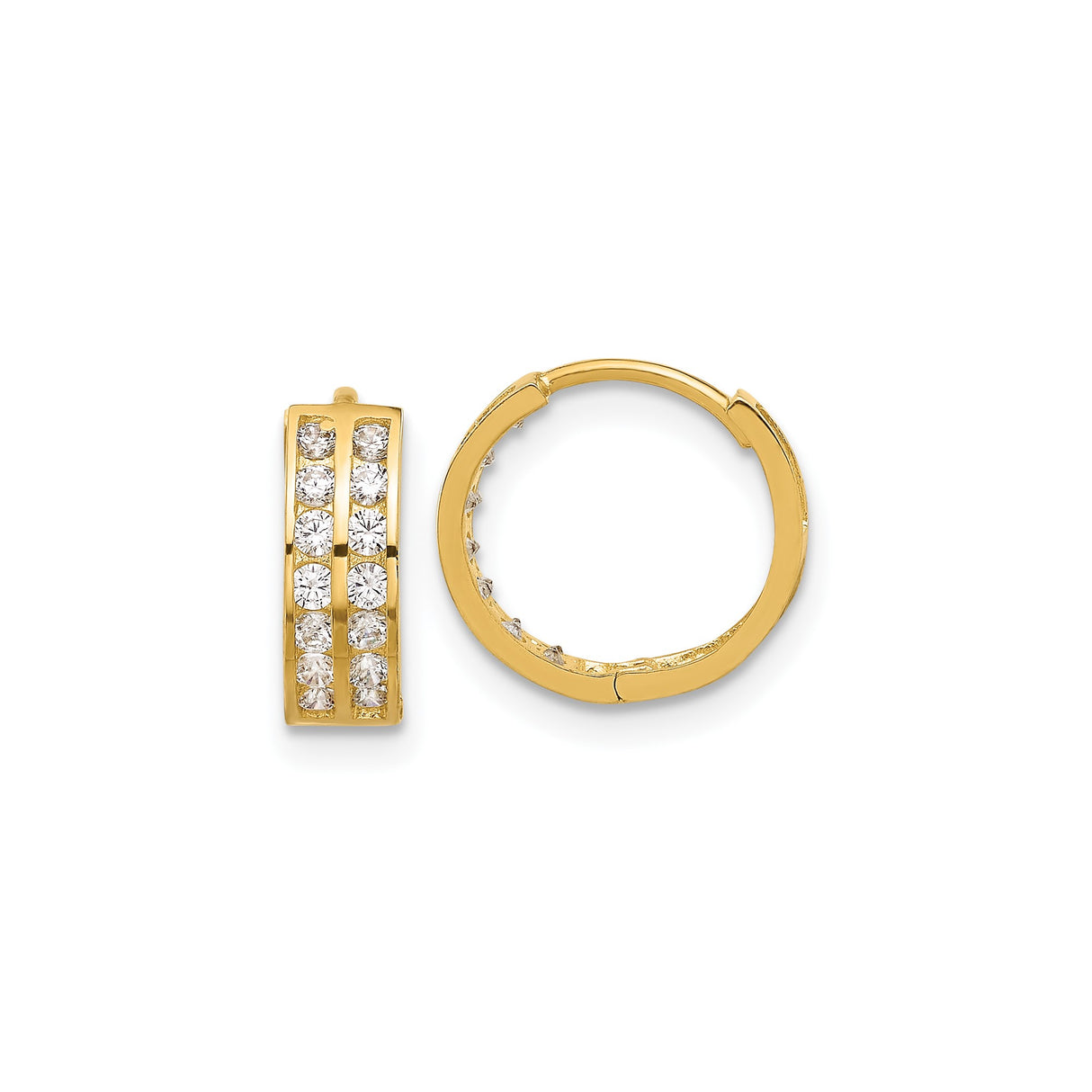 14k Yellow Gold Hoop Earrings with Round Cut Cubic Zirconia, Hinged Clasp, Polished Finish