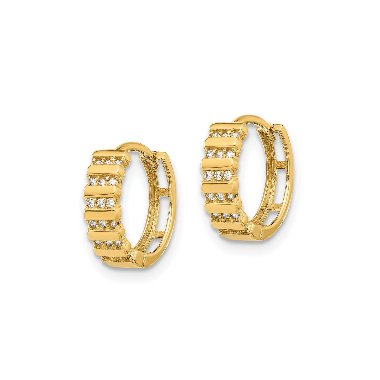 14k Yellow Gold Hoop Earrings with Cubic Zirconia, Ribbed Design, Lightweight Polished Style