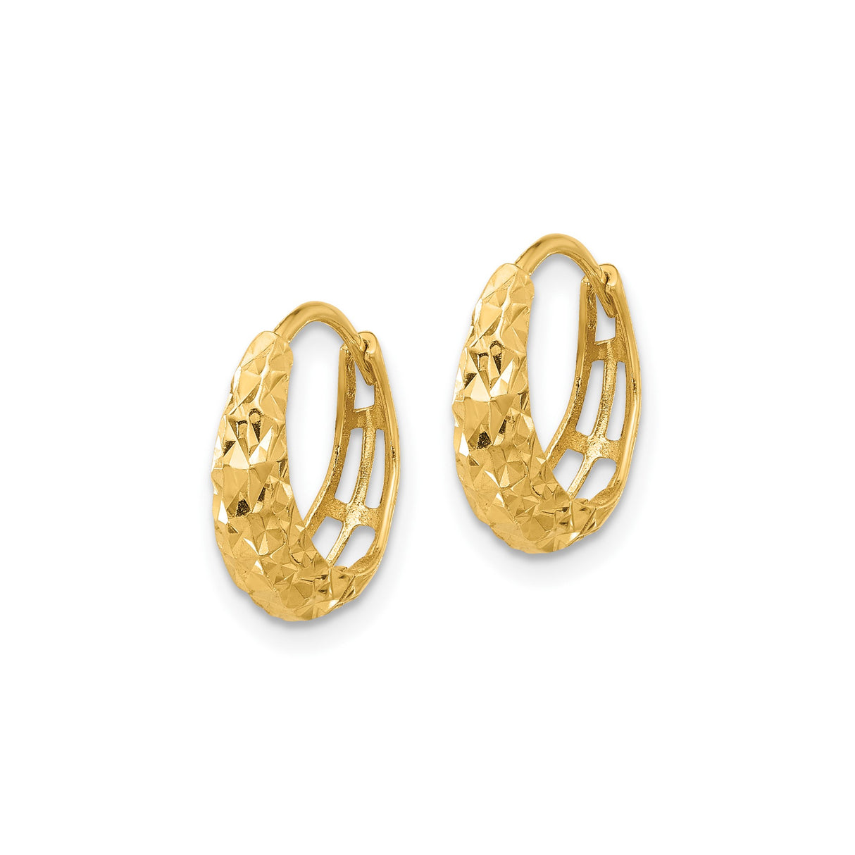14k Yellow Gold Hoop Earrings, Diamond Cut Textured Open Work, Lightweight Modern Design