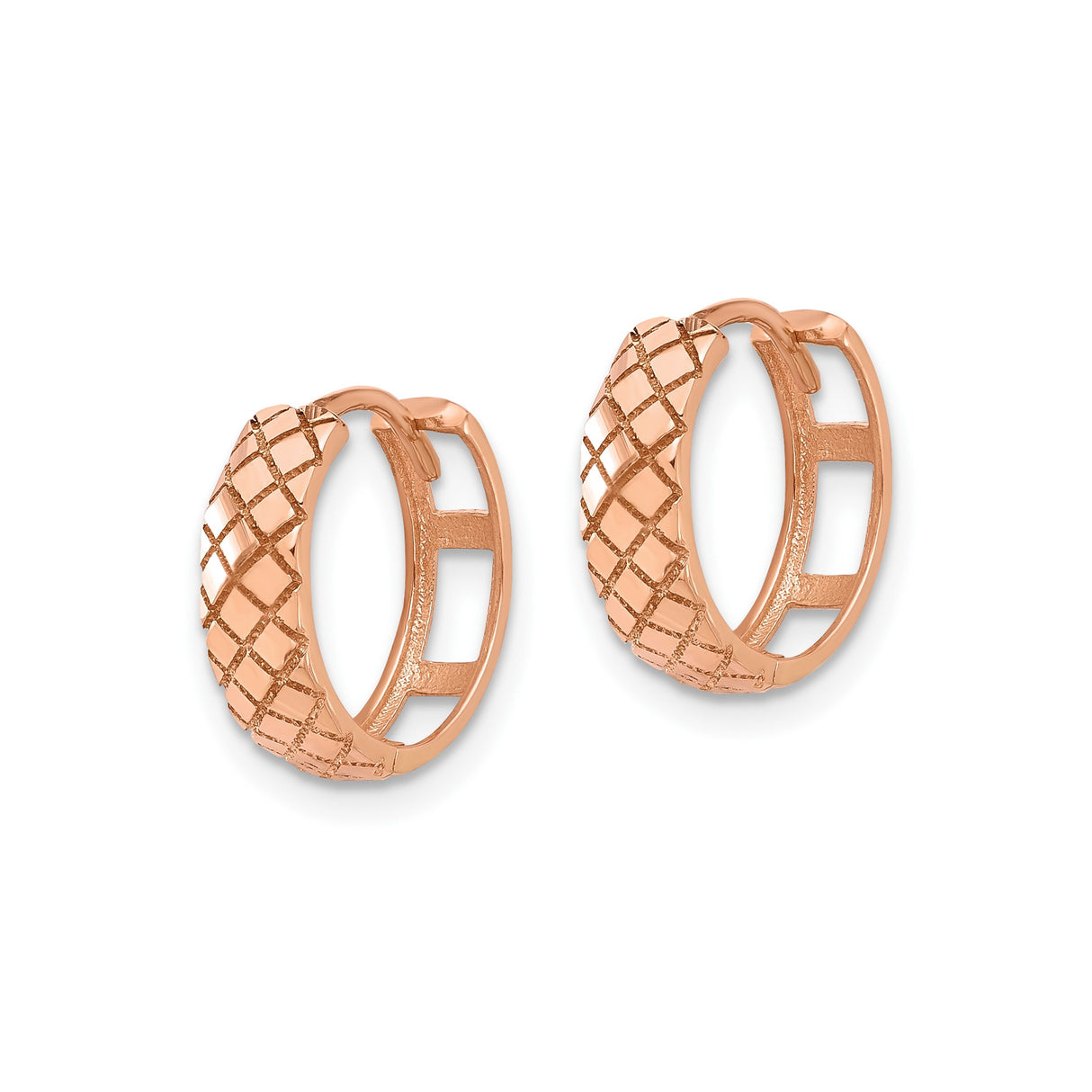 14k Rose Gold Hoop Earrings, Diamond Cut Lattice Pattern, Geometric Textured Design