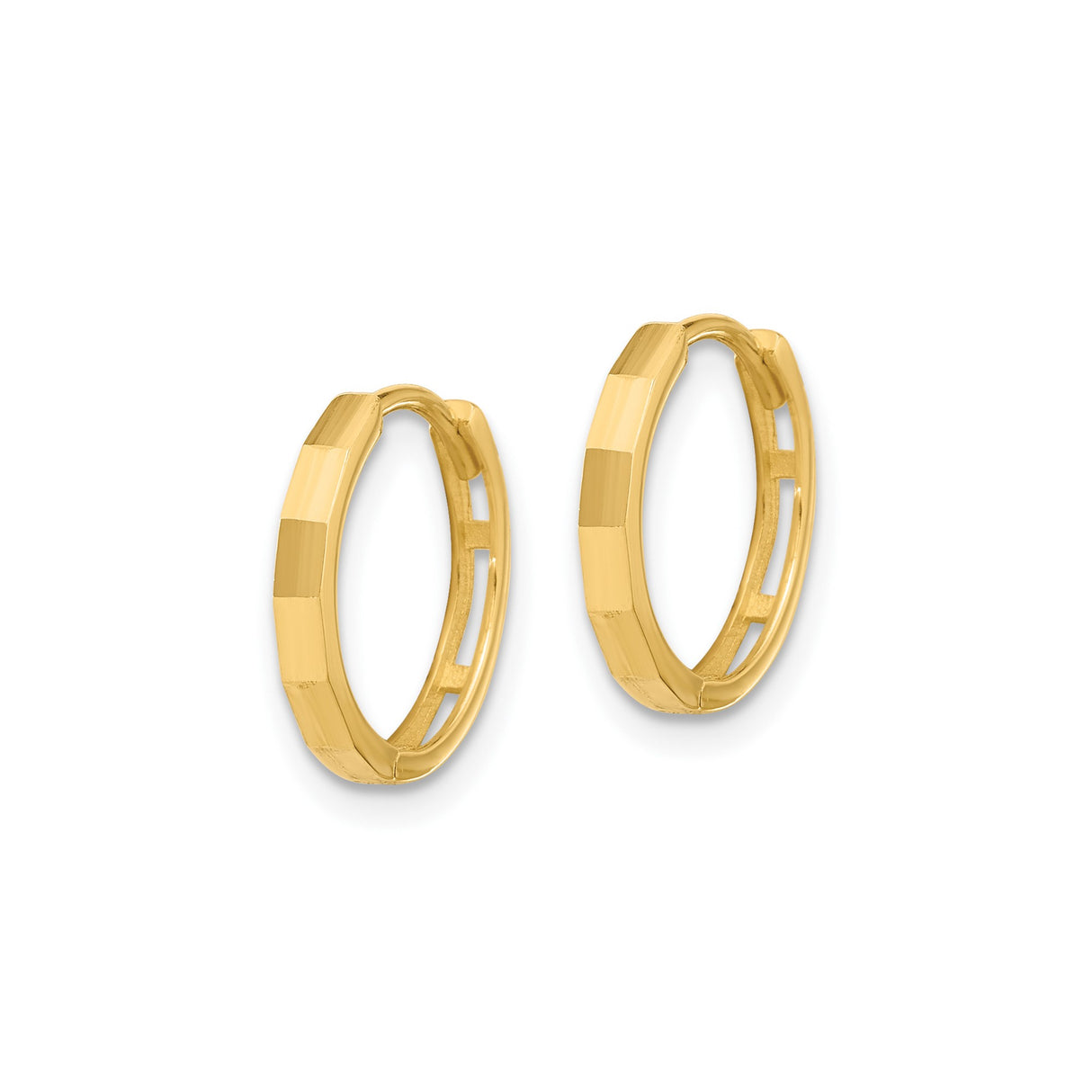 14k Yellow Gold Hoop Earrings, Lightweight Flat-Edge Hinged Hoops with Faceted Design for Women