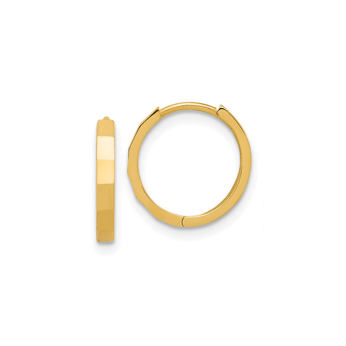14k Yellow Gold Hoop Earrings, Lightweight Flat-Edge Hinged Hoops with Faceted Design for Women