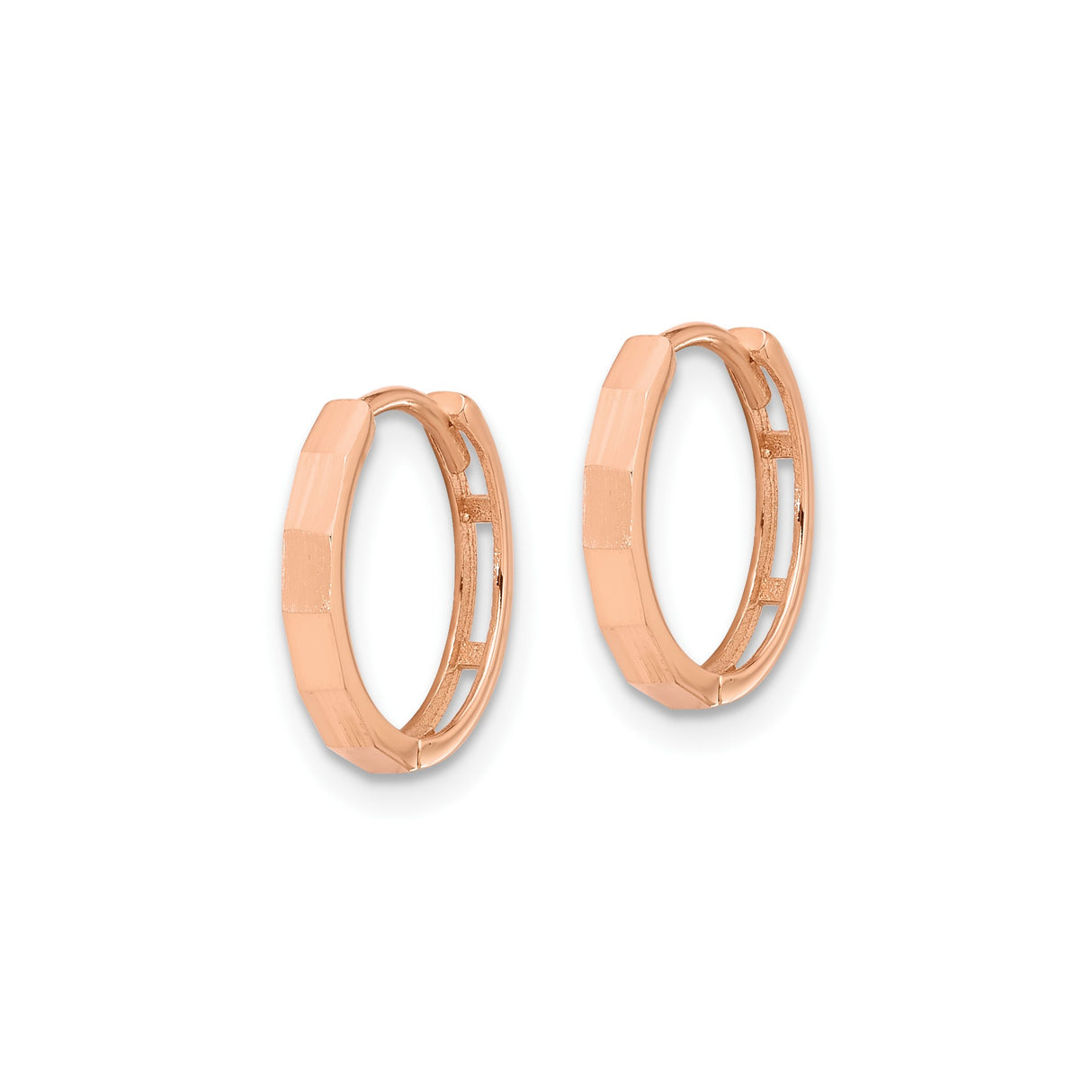 14k Rose Gold Hoop Earrings with Faceted Edges, Sleek Polished Lightweight Design
