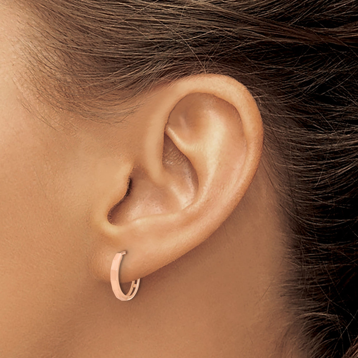 14k Rose Gold Hoop Earrings with Faceted Edges, Sleek Polished Lightweight Design