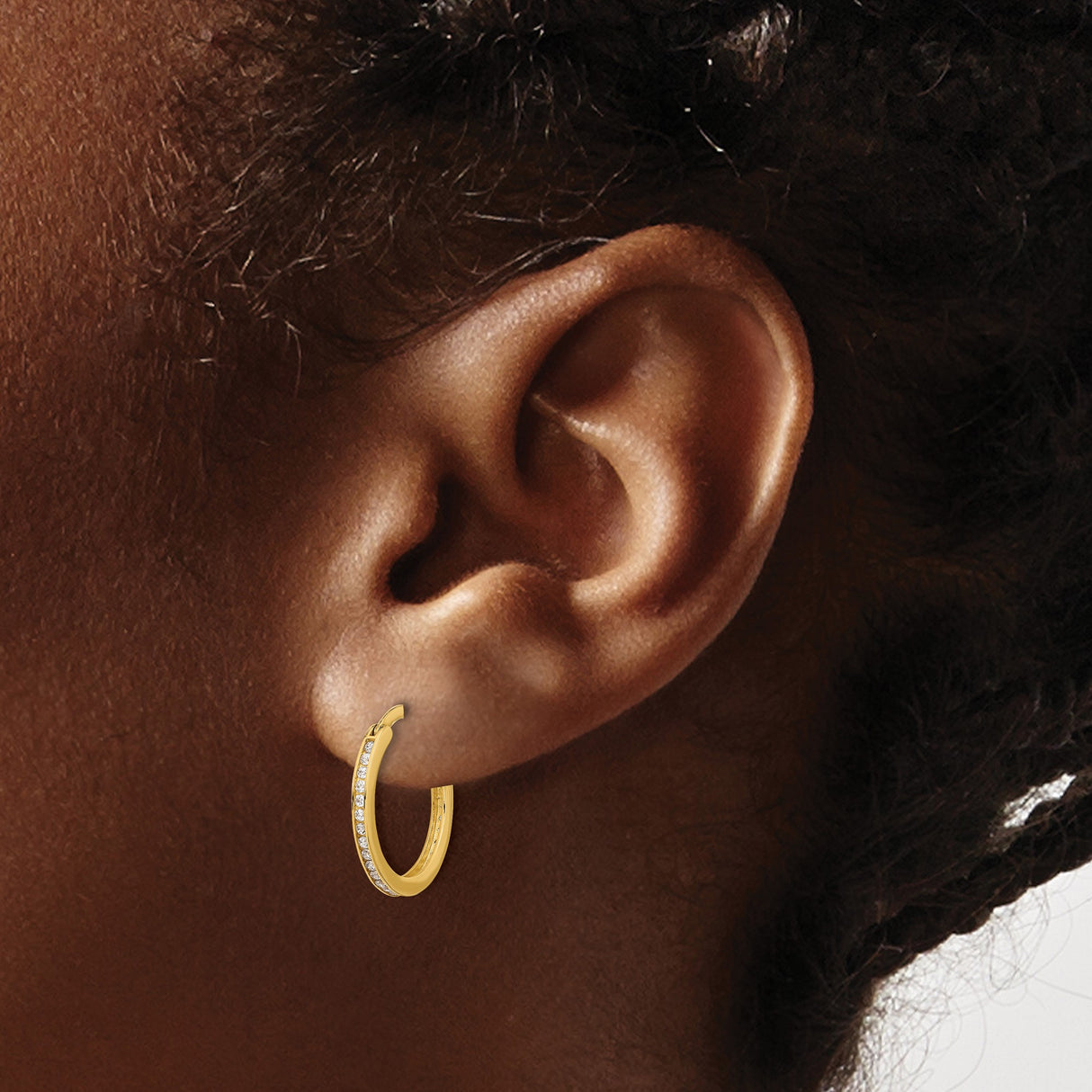 14k Yellow Gold Hoop Earrings with Channel Set Cubic Zirconia, Polished Everyday Style