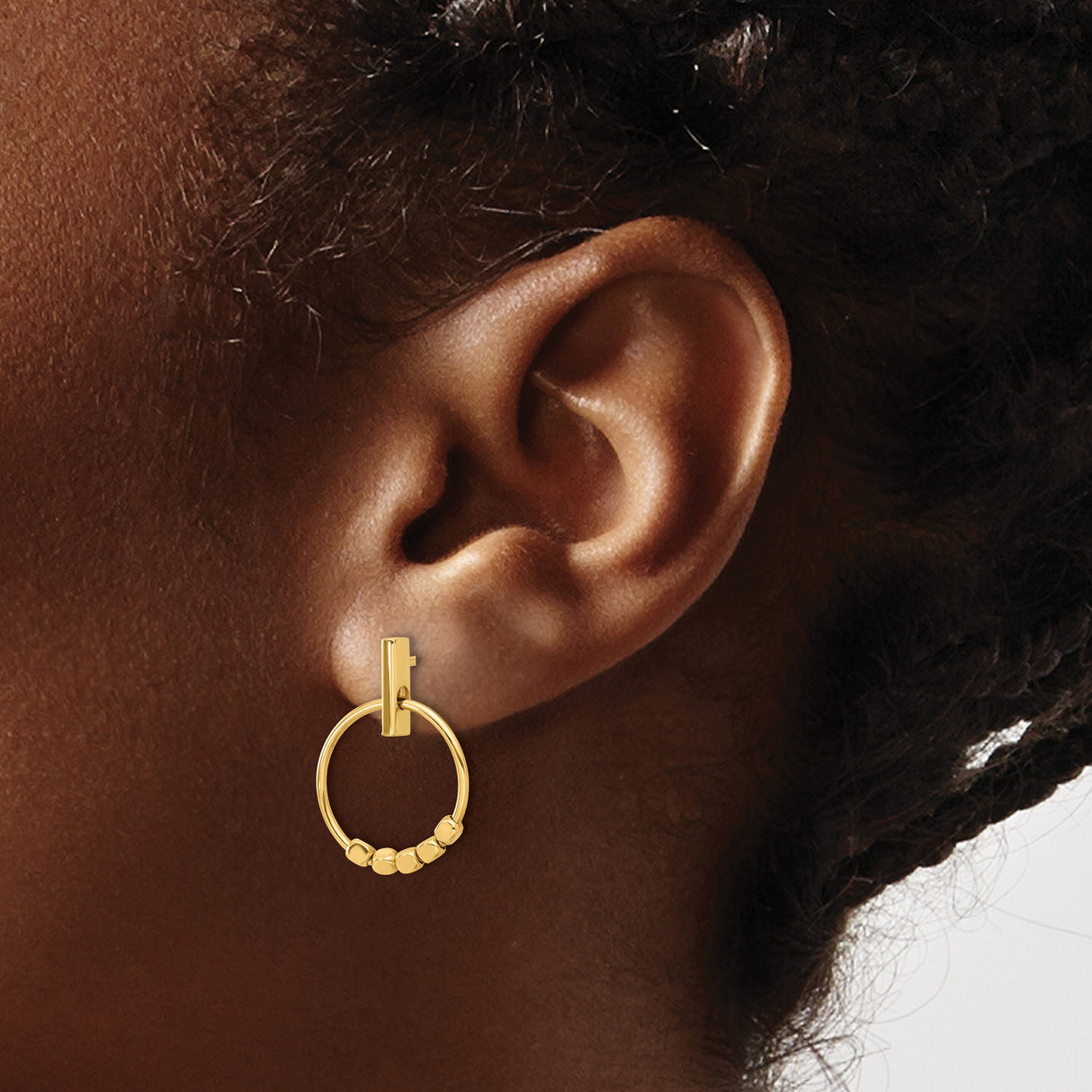 14k Yellow Gold Hoop Earrings with Textured Bead Open Circle Design, Minimalist Stud Style