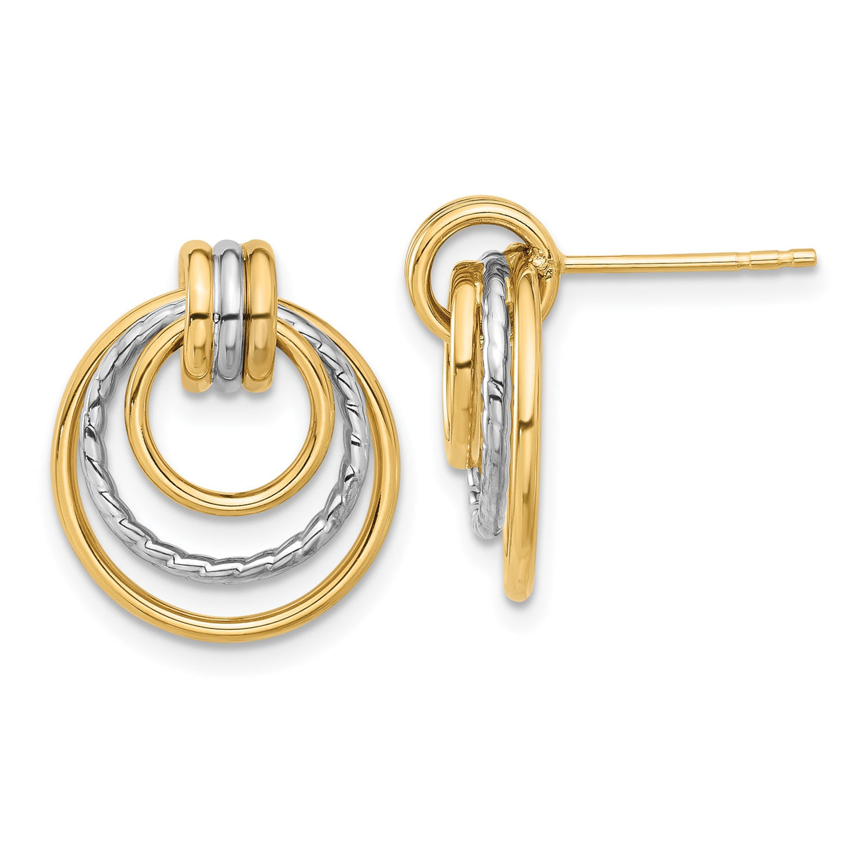 14k Two-Tone Gold Dangle Earrings with Interlocking Circles, Textured Layered Hoops