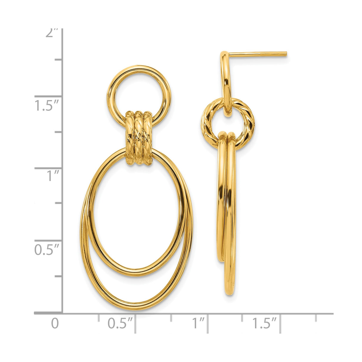 14k Yellow Gold Dangle Earrings with Interlocking Oval Hoops, Textured and Polished Design