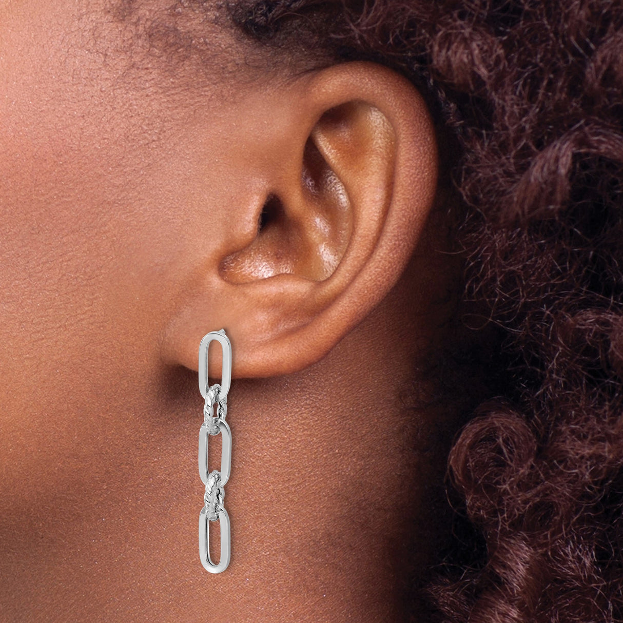 14k White Gold Dangle Earrings with Chain Link Design, Polished Oval and Textured Rope Links