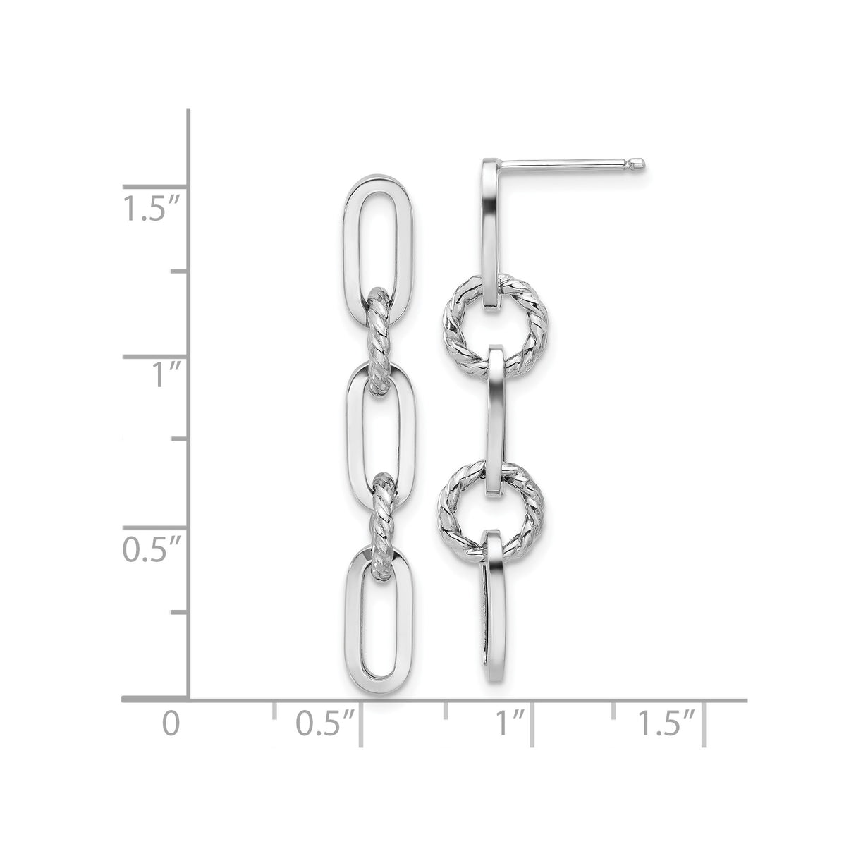 14k White Gold Dangle Earrings with Chain Link Design, Polished Oval and Textured Rope Links