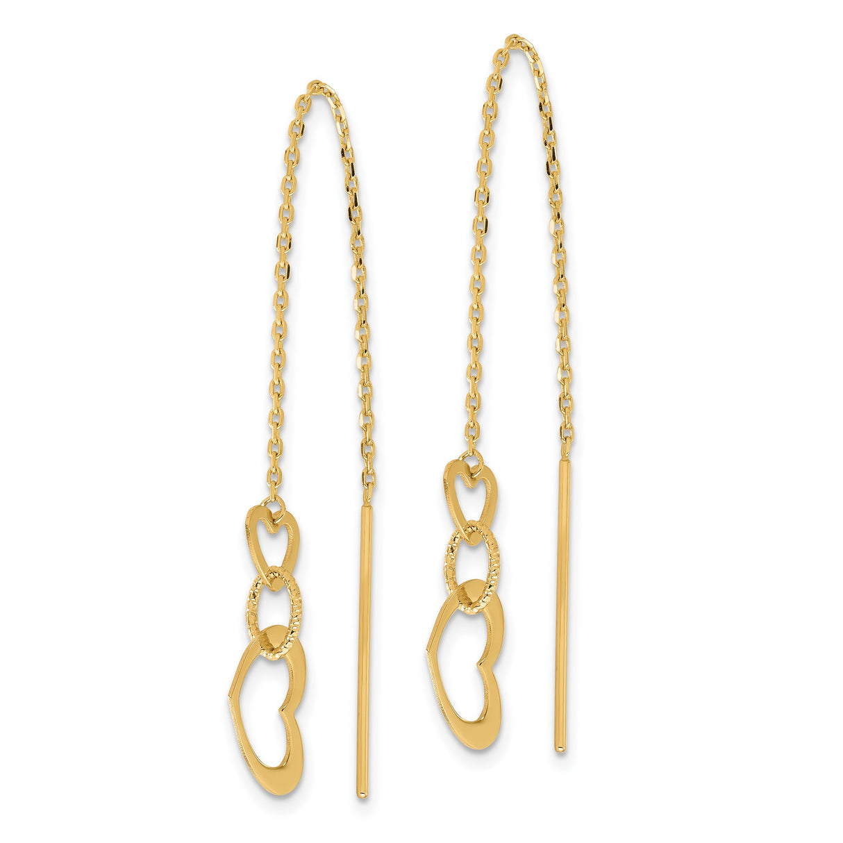 14k Yellow Gold Threader Earrings with Open Heart Charms and Delicate Chain Design