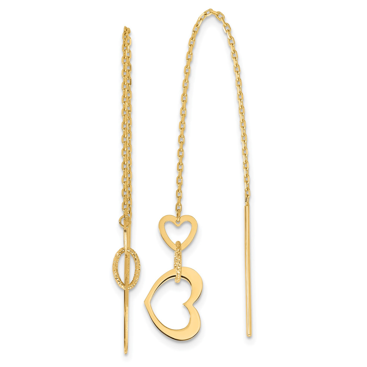 14k Yellow Gold Threader Earrings with Open Heart Charms and Delicate Chain Design