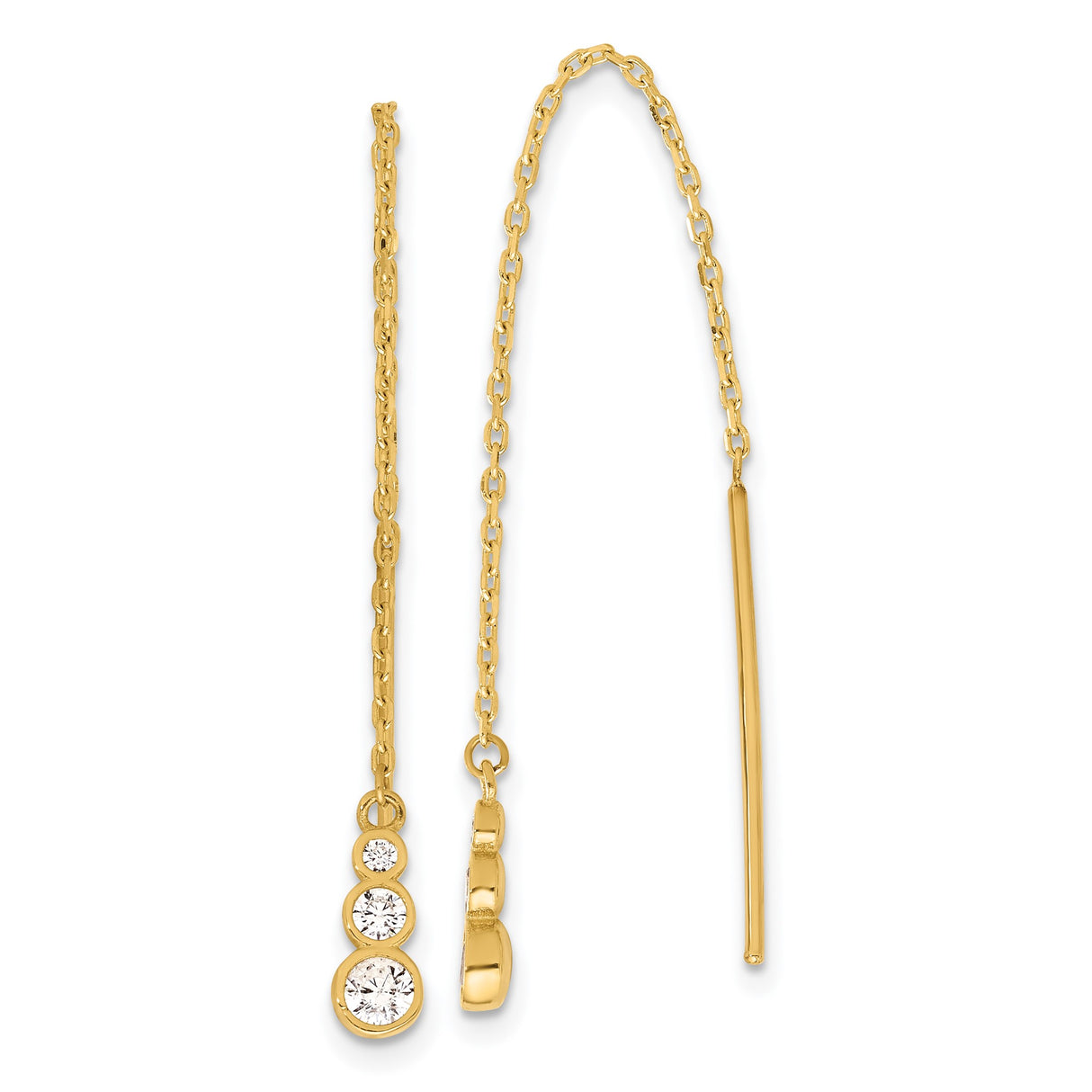 14k Yellow Gold Threader Earrings with Graduated Cubic Zirconia, Modern Pull Through Dangle Design