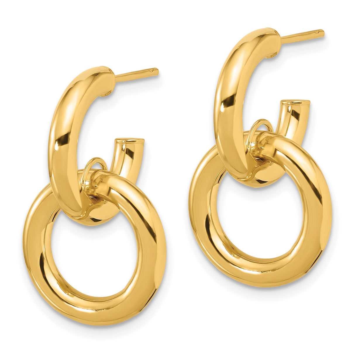 14k Yellow Gold Dangle Hoop Earrings with Interlocking Polished Circles, Modern Minimalist Style