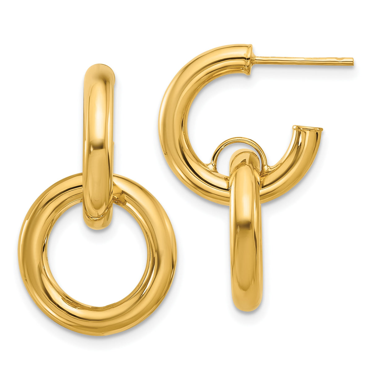 14k Yellow Gold Dangle Hoop Earrings with Interlocking Polished Circles, Modern Minimalist Style