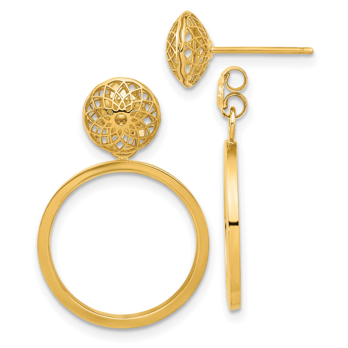 14k Yellow Gold Dangle Earrings with Lotus Filigree Floral Cutout Design, Boho Yoga Inspired