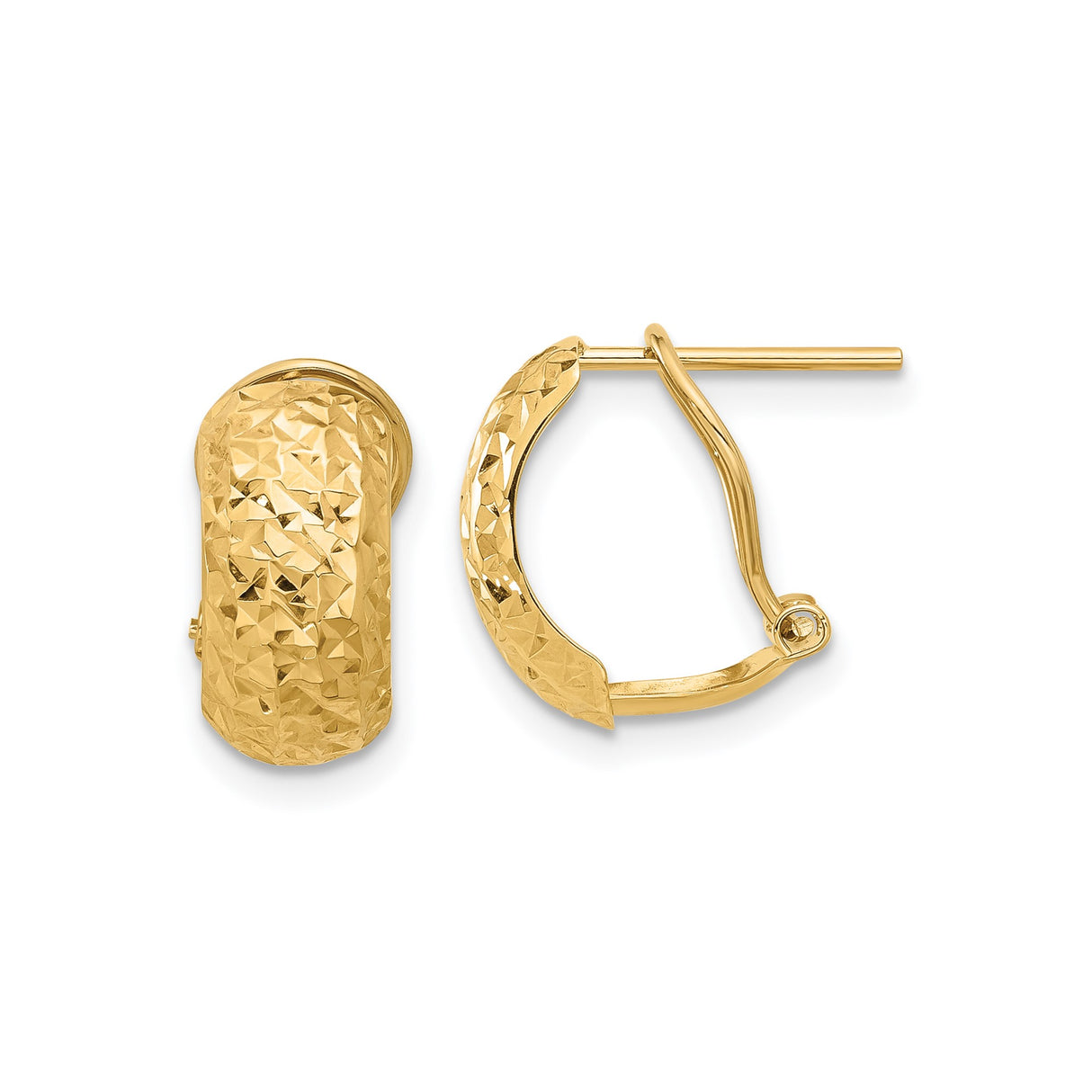 14k Yellow Gold Hoop Earrings, Diamond-Cut Textured Latch Back Round Style for Women