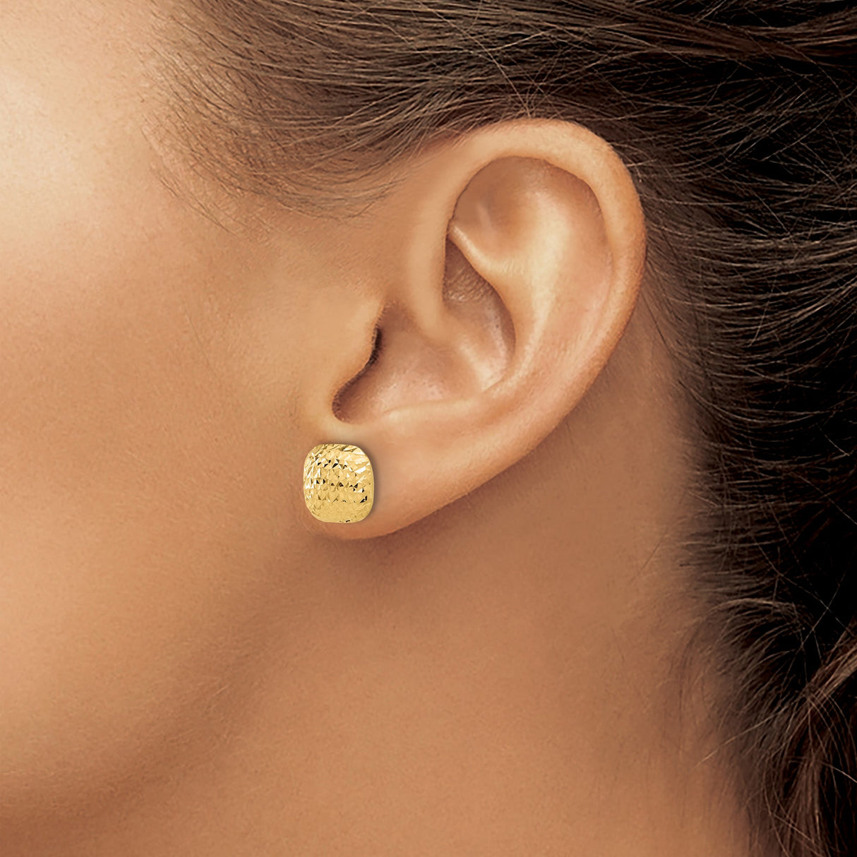 14k Yellow Gold Cushion Stud Earrings, Polished Diamond Cut Texture, Lightweight Square Design