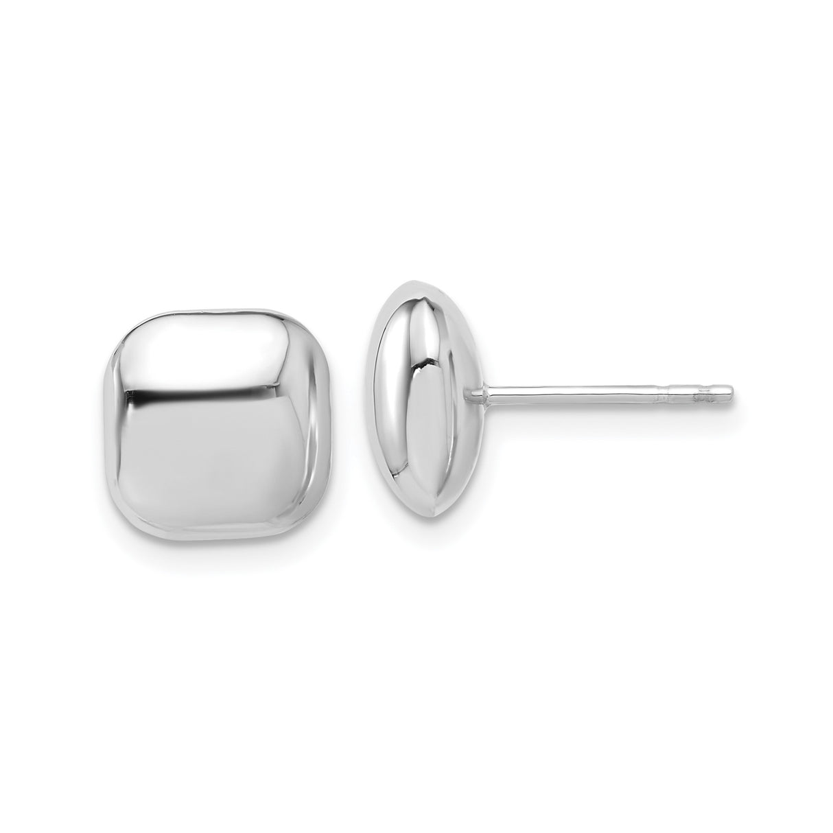 14k White Gold Square Dome Stud Earrings, High Polish Cushion Design, 10mm Post
